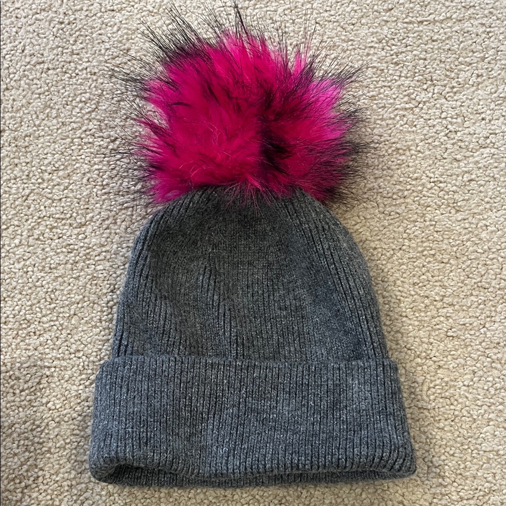 Gray Knit Beanie with Pink Pom-Pom